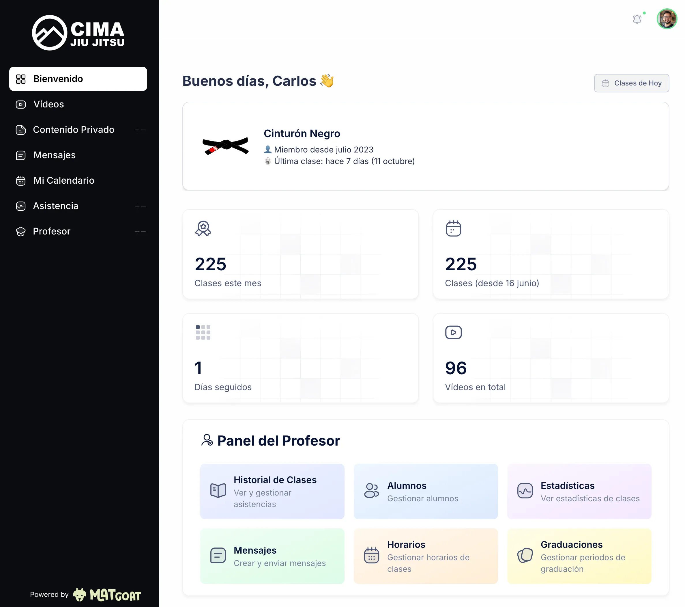 MatGoat dashboard on mobile showing student management and attendance tracking