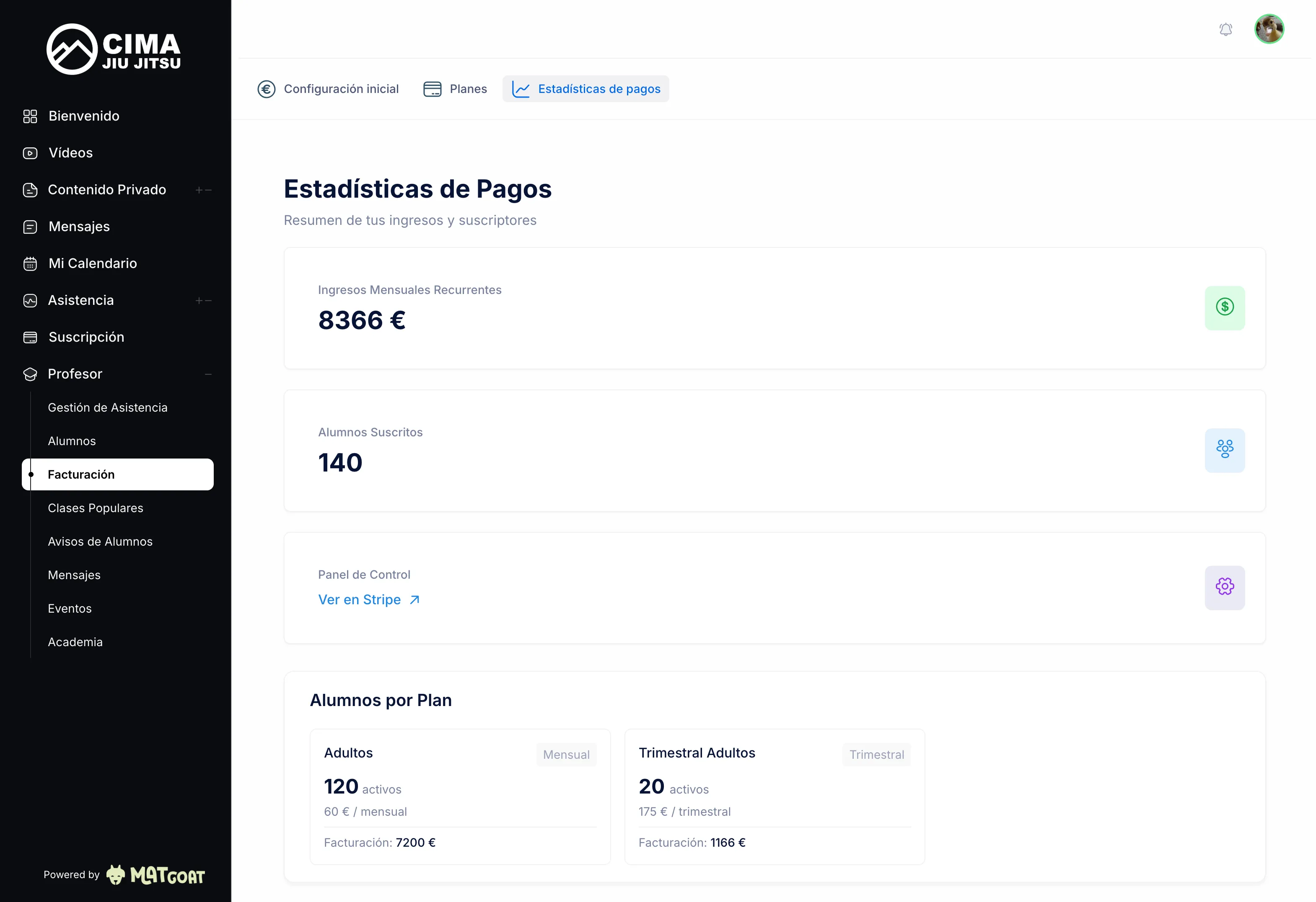 MatGoat payment management showing recurring billing, payment status, and membership plan overview